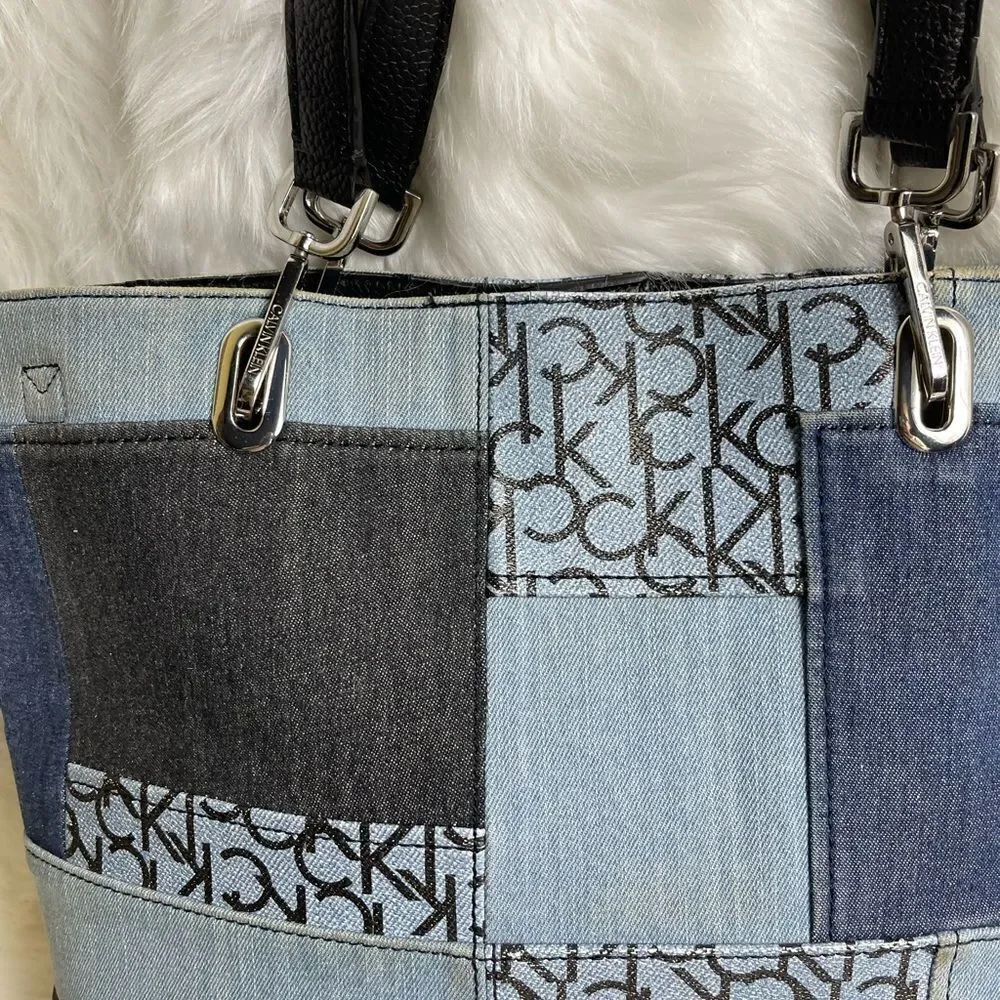 Calvin Klein gray and Bleu denim logo with black synthetic trim large tote